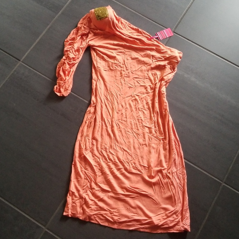 New! Stretch Shoulder Padded Assymetric Slv Dress